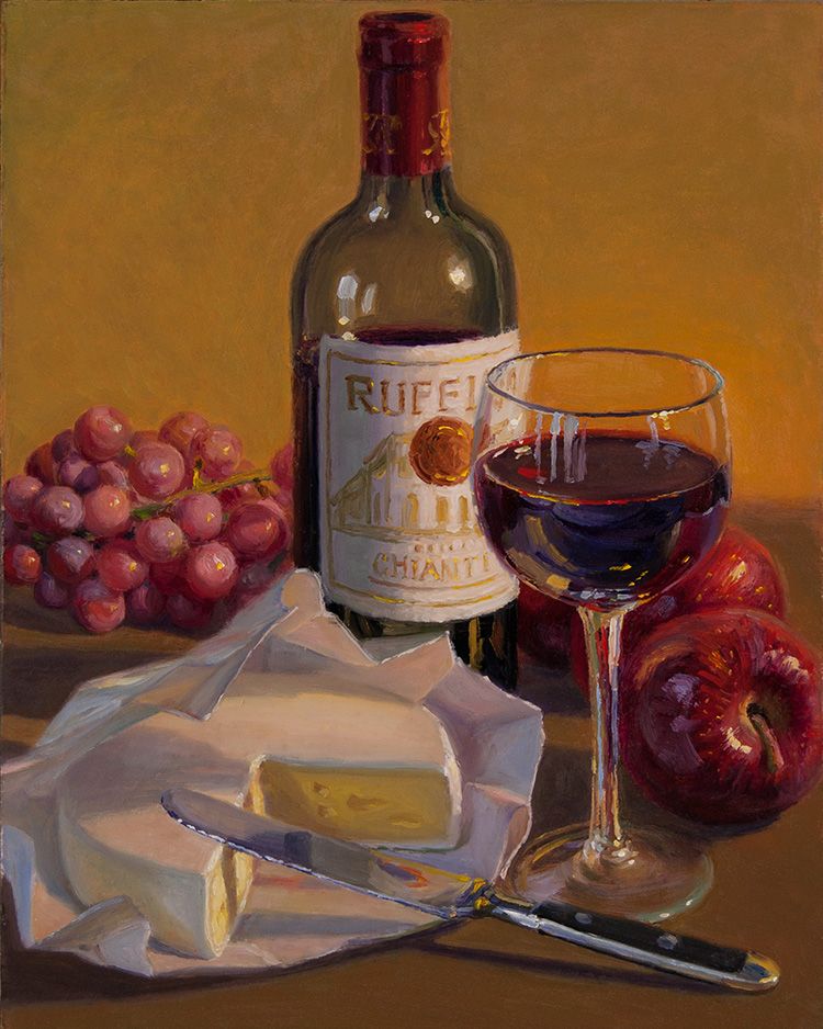 Wine and cheese still life painting